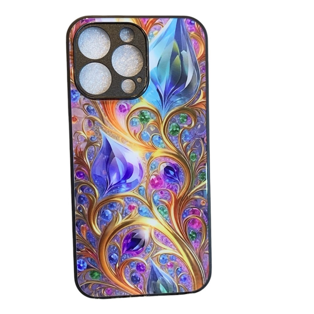 Case for iPhone 13 colorful rainbow jewels feathers black edges new in package